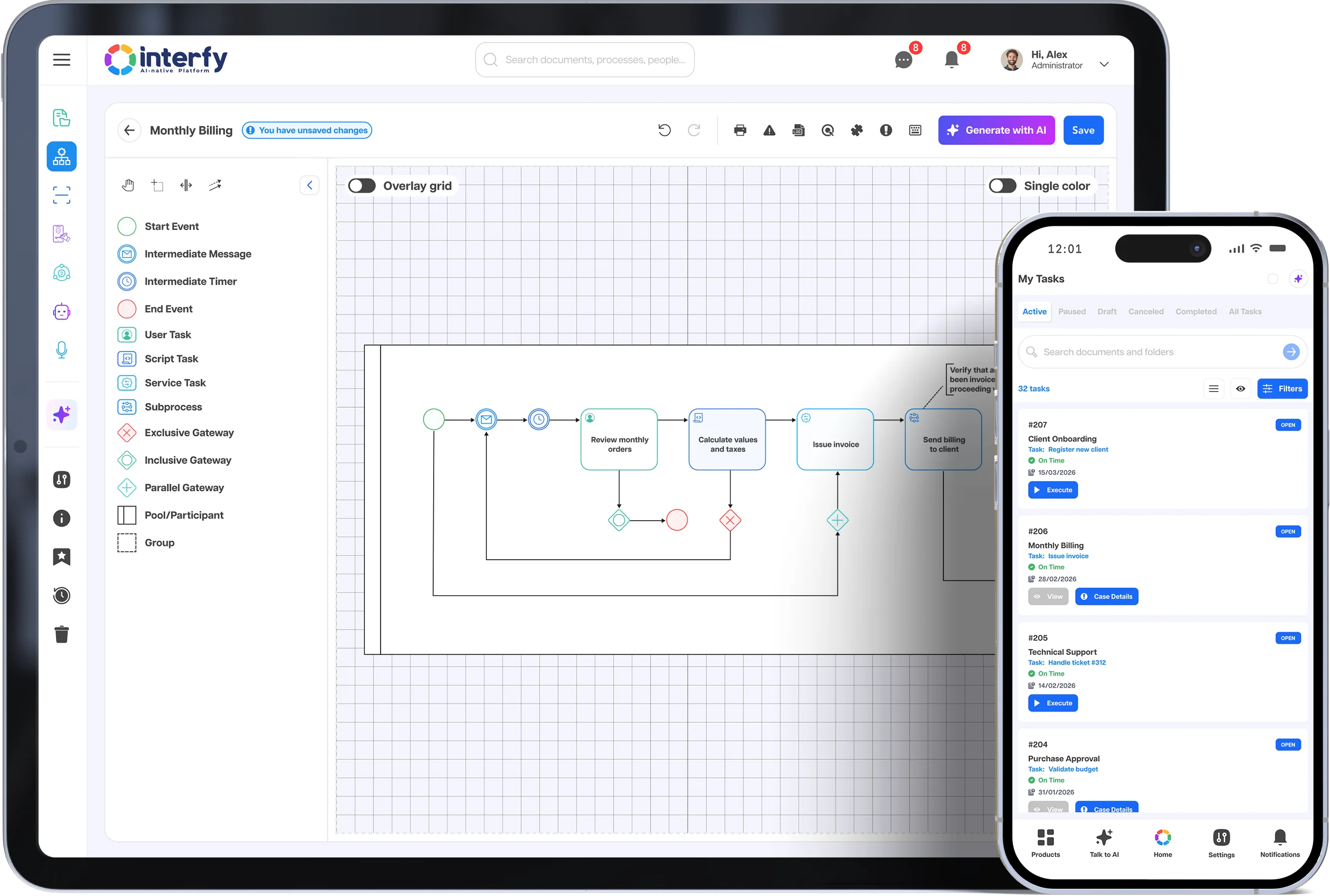 Interfy Process platform shown on tablet and smartphone, displaying a visual process design and the task list