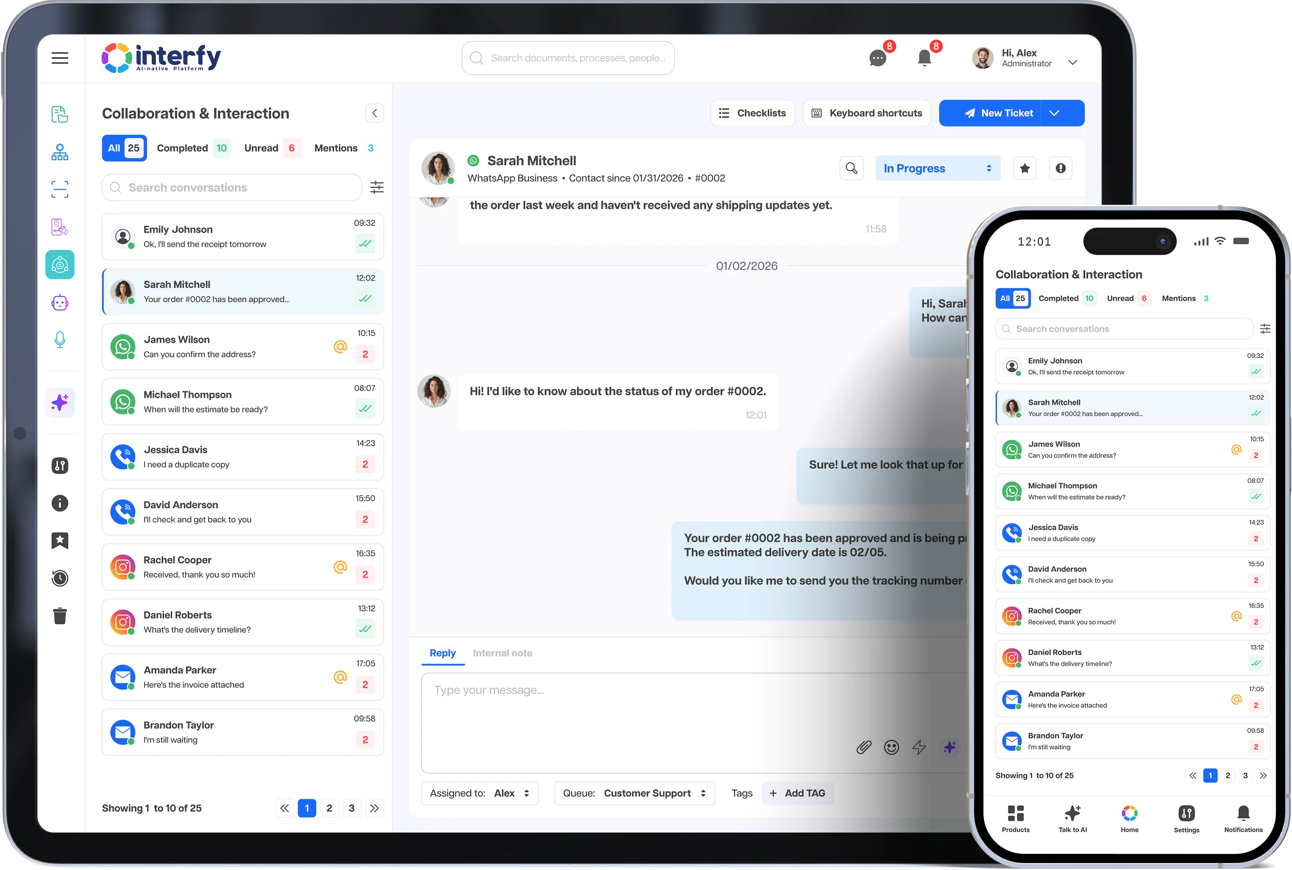 Interfy Connect shown on laptop and smartphone, displaying the conversation hub