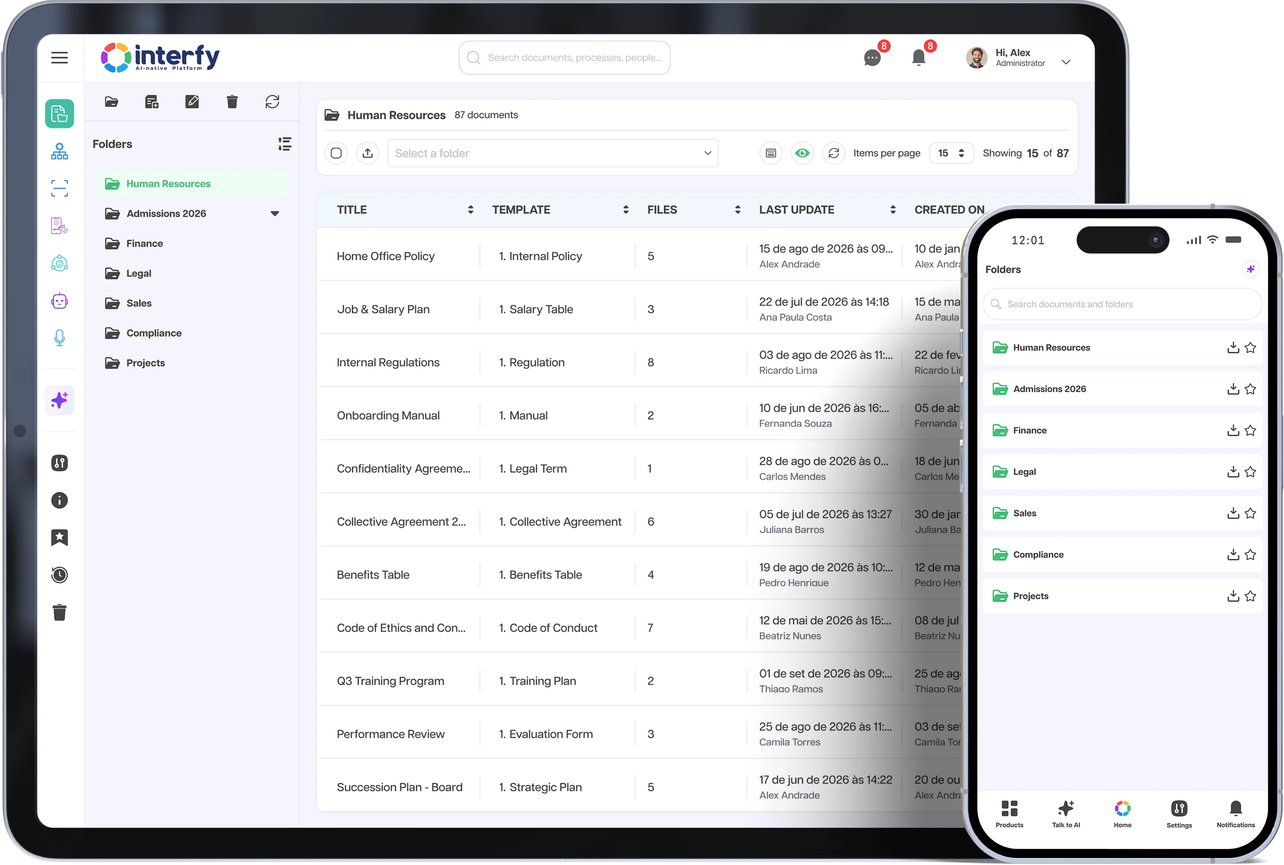 Interfy Documents platform shown on tablet and smartphone, displaying the document and folder list
