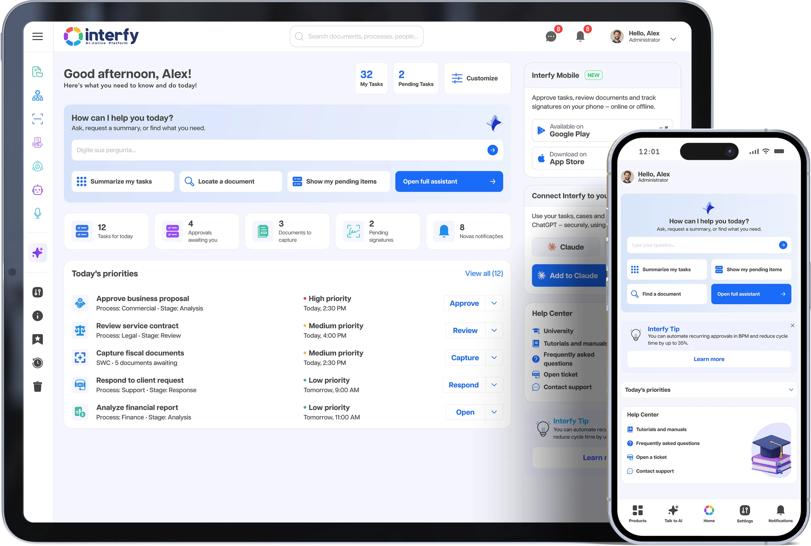Interfy platform shown on laptop and smartphone, displaying the AI-powered management dashboard