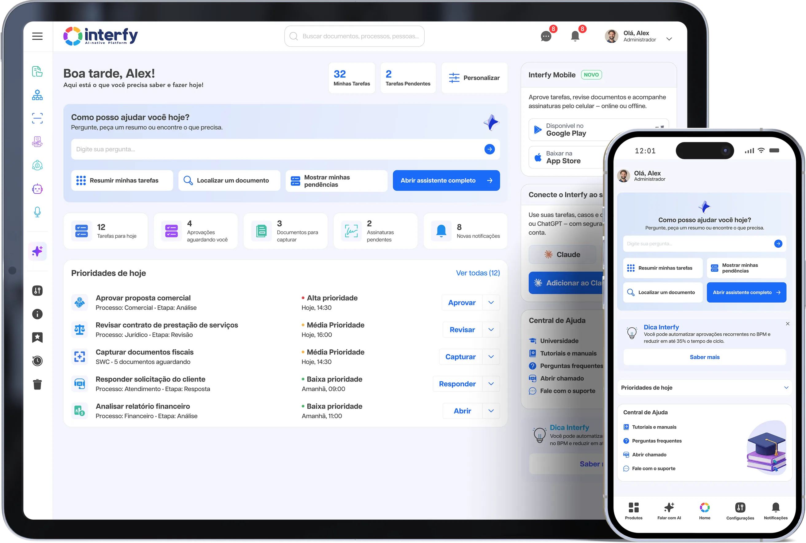 Plataforma Interfy exibida em laptop e smartphone, mostrando o painel de gestão com IA